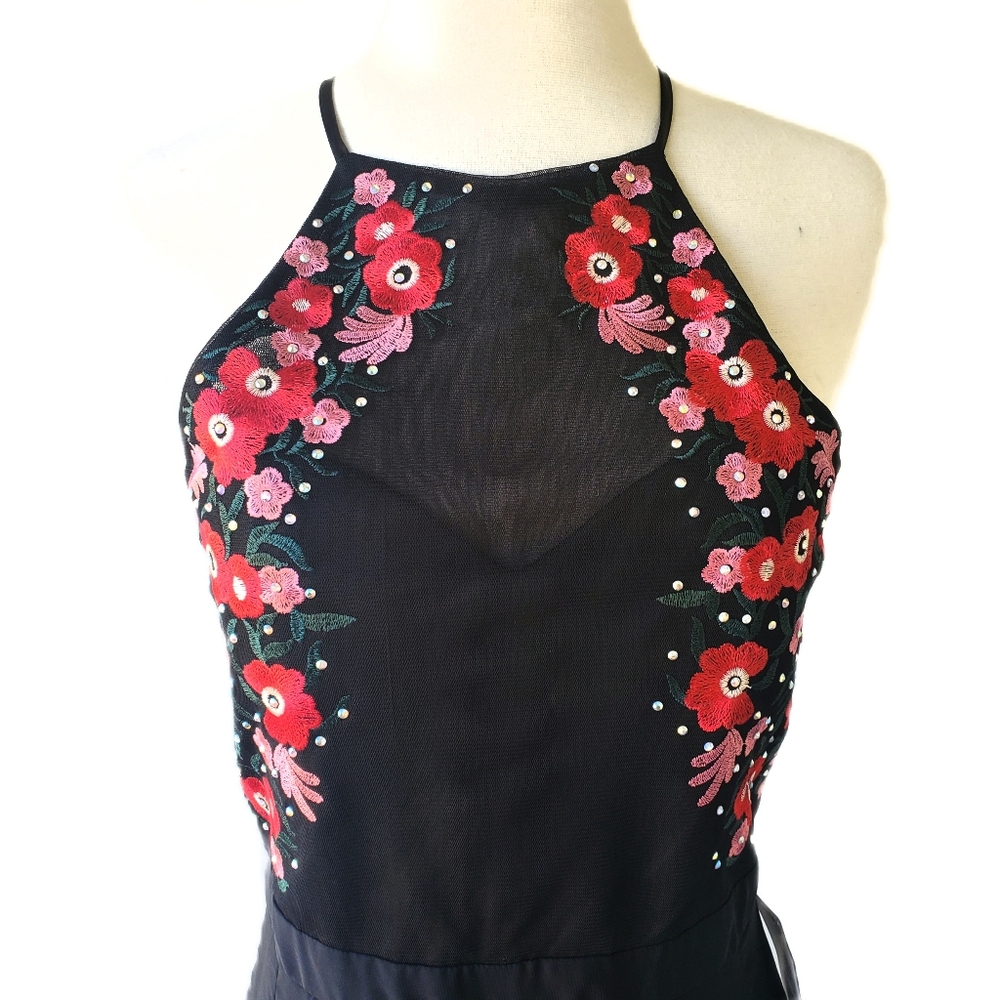 Macy's CRYSTAL DOLL Embroidered Roses Black Romper Maxi Dress Juniors 5 S - Picture 5 of 8